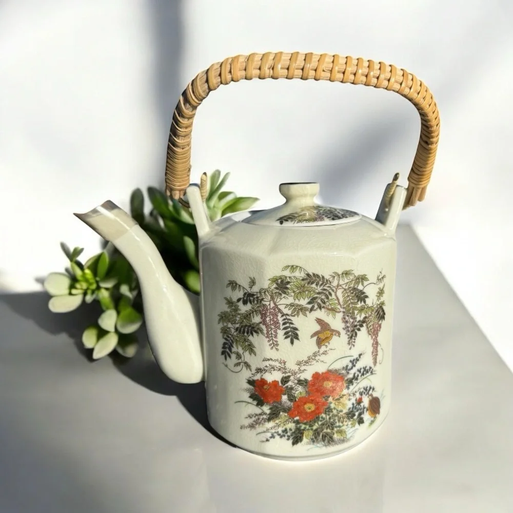 VINTAGE SATSUMA JAPAN PORCELAIN TEAPOT & SIX CUPS SET — FLORAL & BIRD DESIGN
